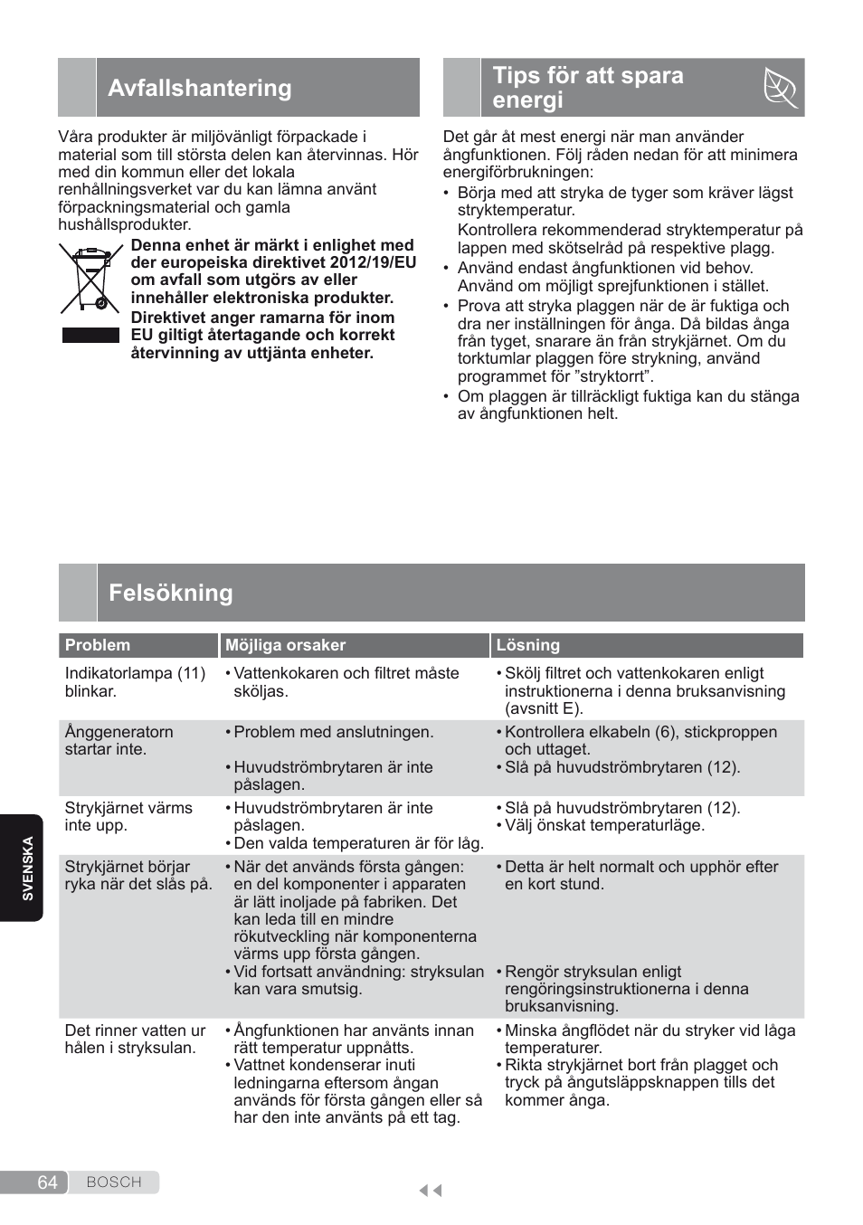 Avfallshantering, Tips för att spara energi, Felsökning | Bosch TDS2250 Centro de planchado Sensixx B22L EAN 4242002794440 User Manual | Page 64 / 150