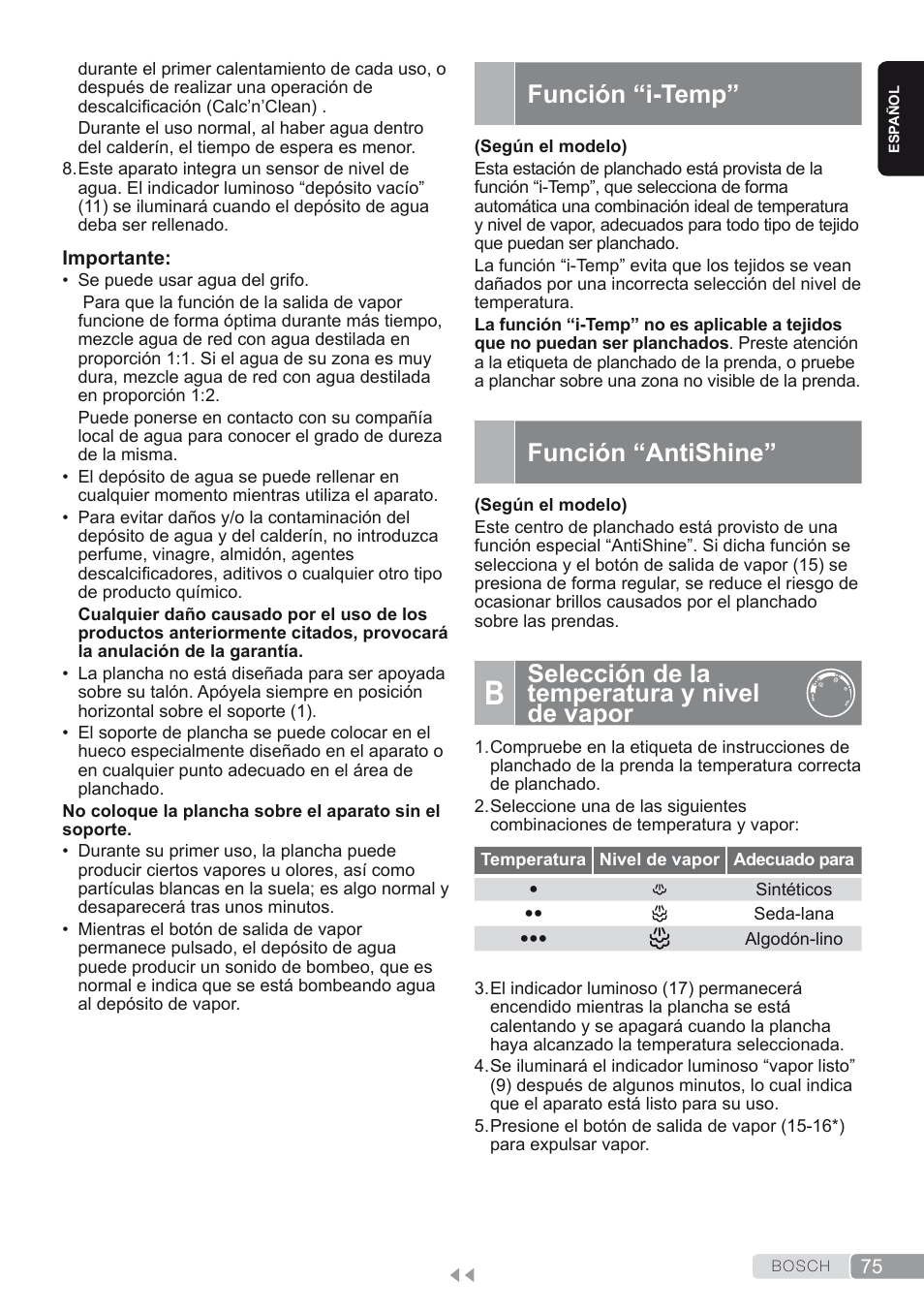 Función “i-temp, Función “antishine, B. selección de la temperatura y nivel de vapor | Selección de la temperatura y nivel de vapor | Bosch TDS2250 Centro de planchado Sensixx B22L EAN 4242002794440 User Manual | Page 75 / 150