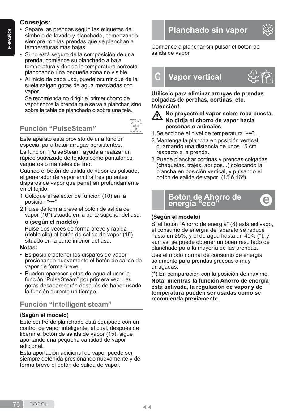 Función “pulsesteam, Función “intelligent steam, Planchado sin vapor | C. vapor vertical, Botón de ahorro de energía “eco, Vapor vertical | Bosch TDS2250 Centro de planchado Sensixx B22L EAN 4242002794440 User Manual | Page 76 / 150