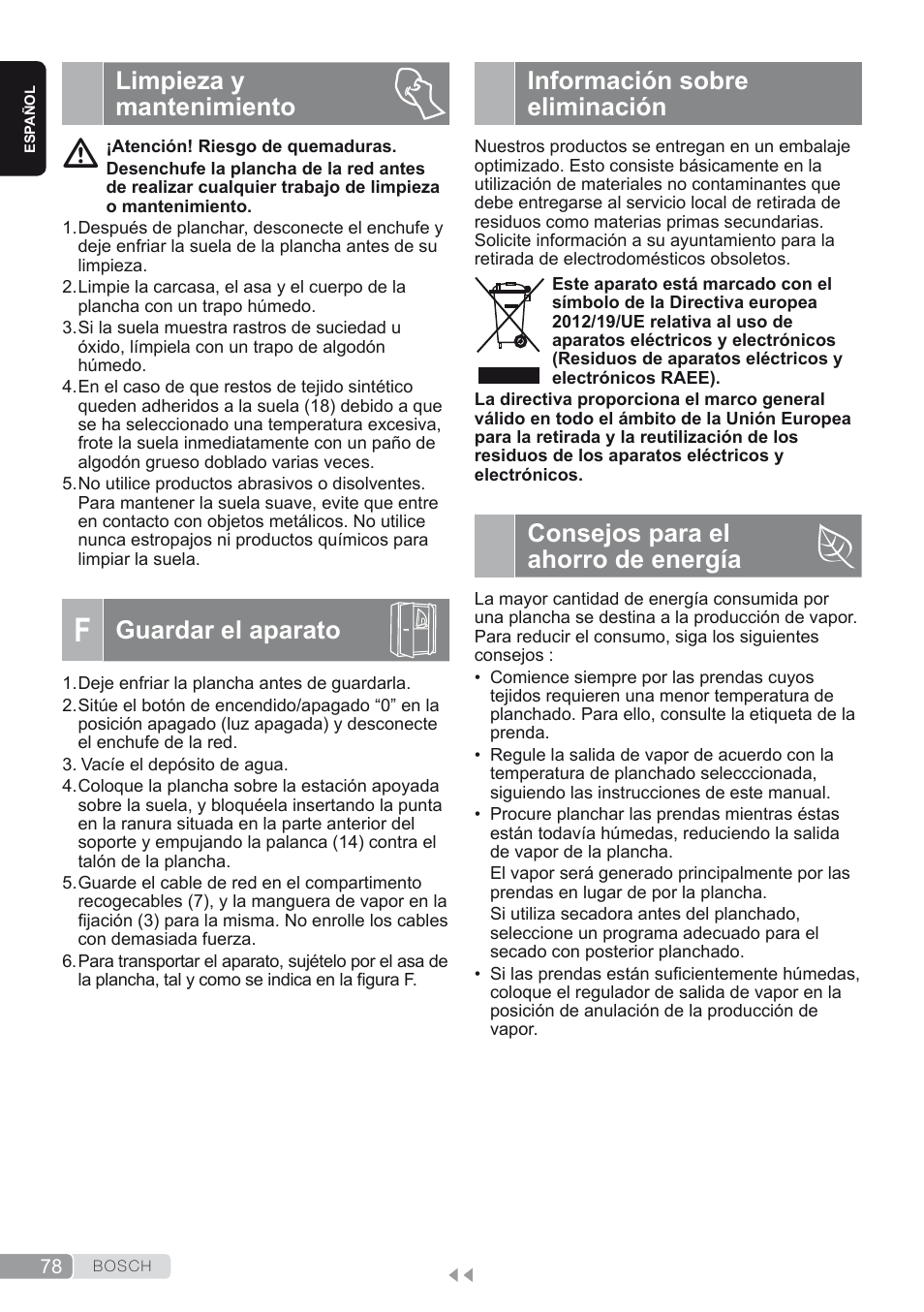 Limpieza y mantenimiento, F. guardar el aparato, Información sobre eliminación | Consejos para el ahorro de energía, Guardar el aparato | Bosch TDS2250 Centro de planchado Sensixx B22L EAN 4242002794440 User Manual | Page 78 / 150