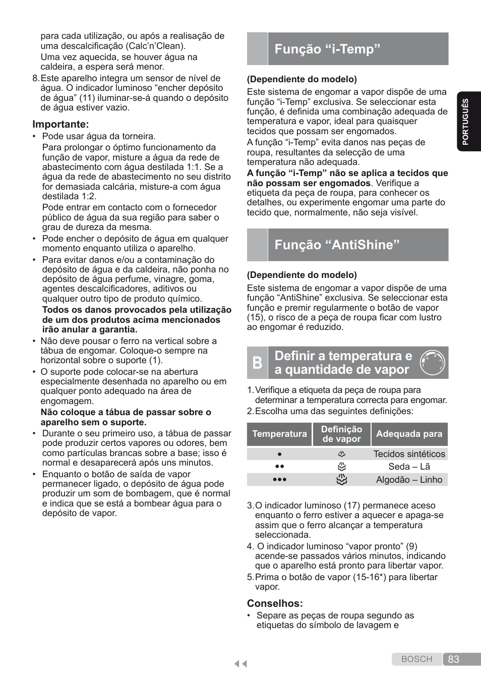 Função “i-temp, Função “antishine, B. definir a temperatura e a quantidade de vapor | Definir a temperatura e a quantidade de vapor | Bosch TDS2250 Centro de planchado Sensixx B22L EAN 4242002794440 User Manual | Page 83 / 150