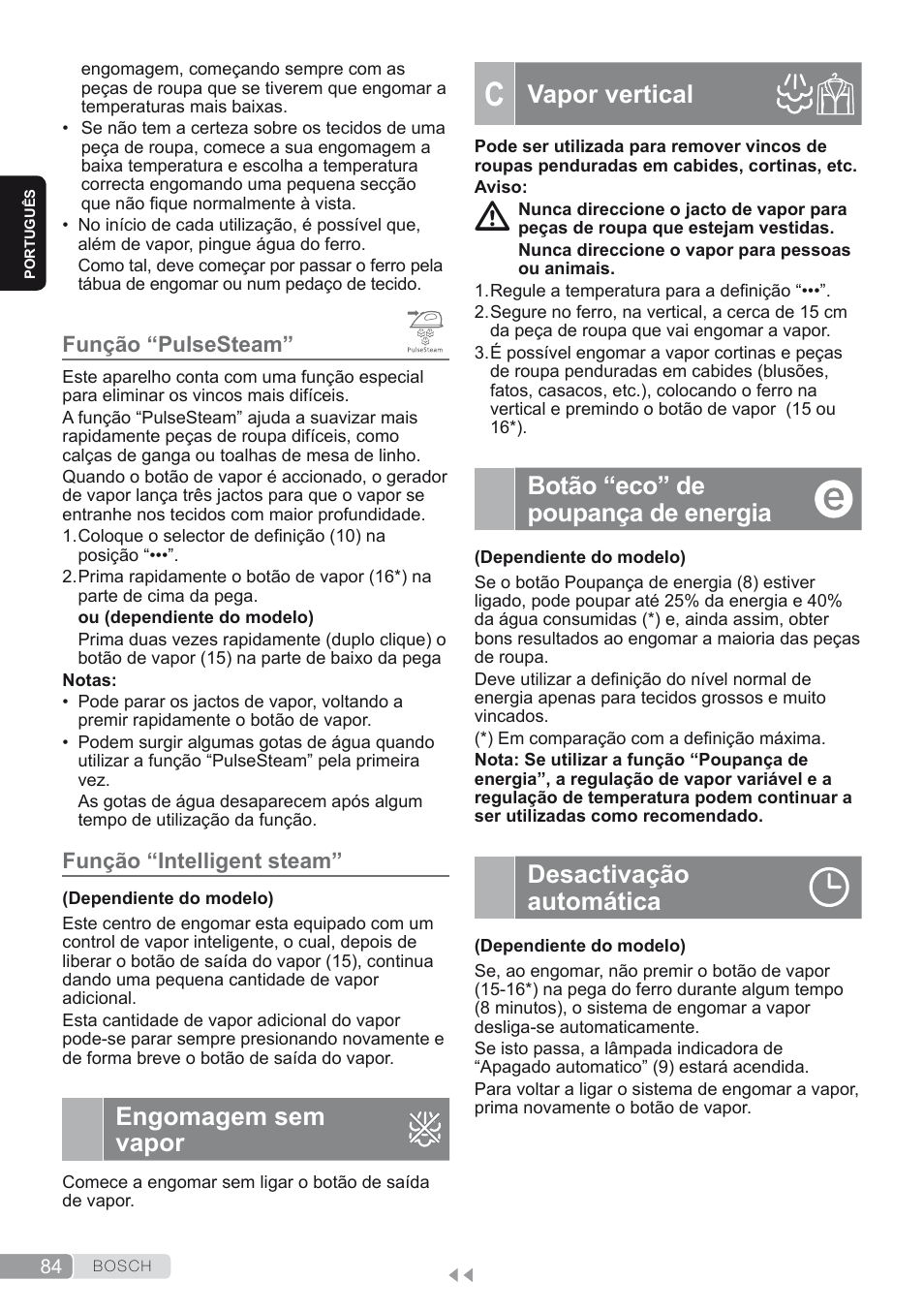 Função “pulsesteam, Função “intelligent steam, Engomagem sem vapor | C. vapor vertical, Botão “eco” de poupança de energia, Desactivação automática, Vapor vertical | Bosch TDS2250 Centro de planchado Sensixx B22L EAN 4242002794440 User Manual | Page 84 / 150