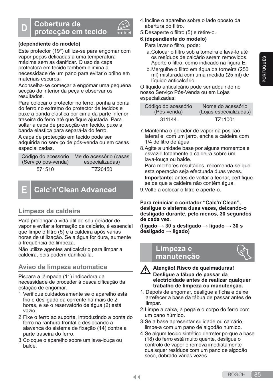 D. cobertura de protecção em tecido, Calc’n’clean advanced, Limpeza da caldeira | Aviso de limpeza automatica, Limpeza e manutenção, Cobertura de protecção em tecido | Bosch TDS2250 Centro de planchado Sensixx B22L EAN 4242002794440 User Manual | Page 85 / 150