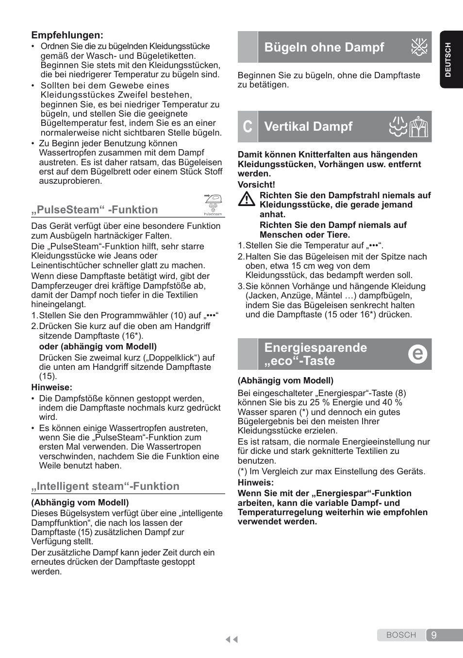 Pulsesteam” -funktion, Intelligent steam“-funktion, Bügeln ohne dampf | C. vertikal dampf, Energiesparende „eco“-taste, Vertikal dampf | Bosch TDS2250 Centro de planchado Sensixx B22L EAN 4242002794440 User Manual | Page 9 / 150