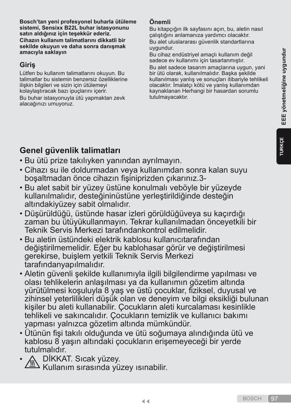 Türk, Turkçe, Genel güvenlik talimatları | Bosch TDS2250 Centro de planchado Sensixx B22L EAN 4242002794440 User Manual | Page 97 / 150