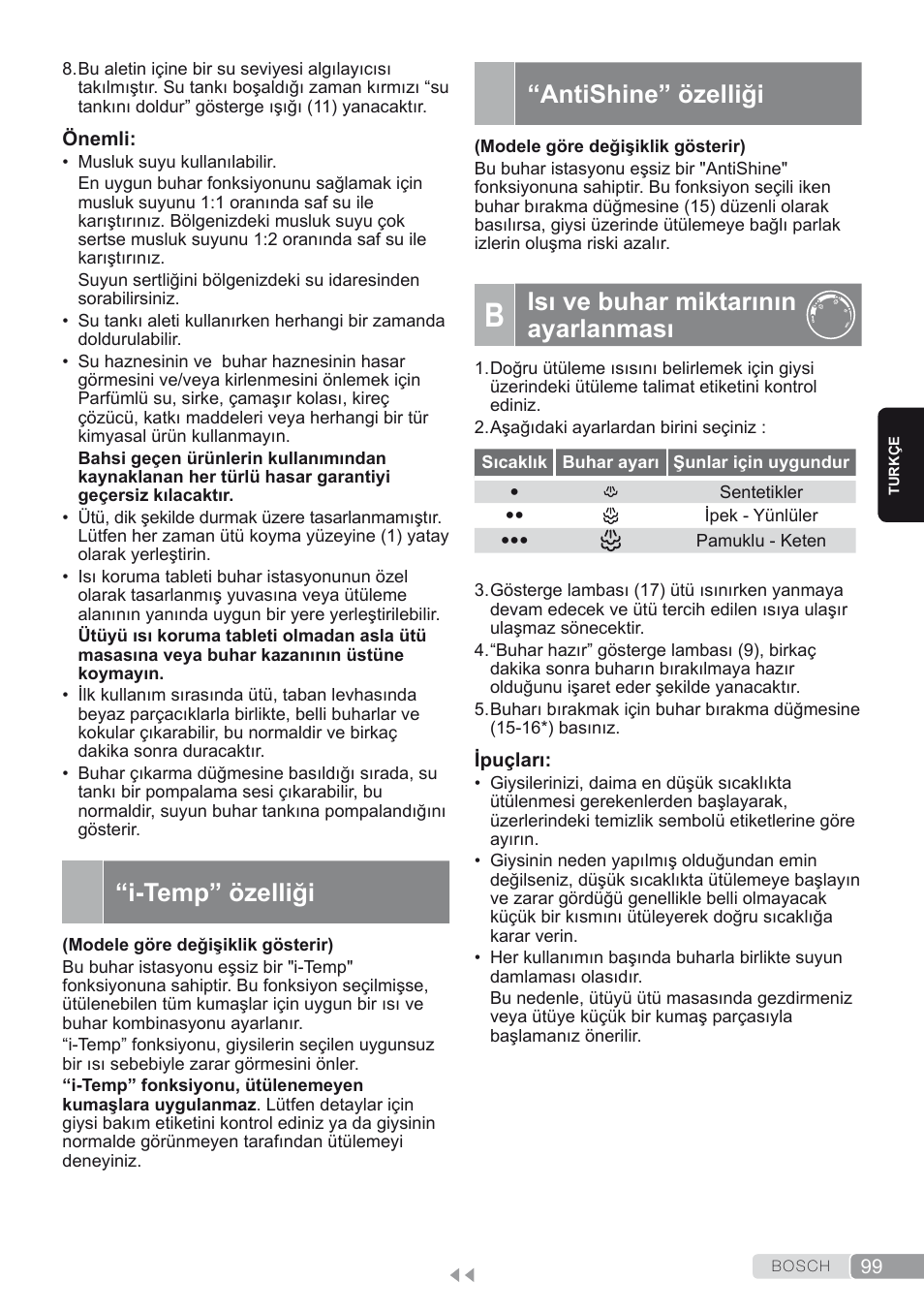 I-temp” özelliği, Antishine” özelliği, B. isı ve buhar miktarının ayarlanması | Isı ve buhar miktarının ayarlanması | Bosch TDS2250 Centro de planchado Sensixx B22L EAN 4242002794440 User Manual | Page 99 / 150