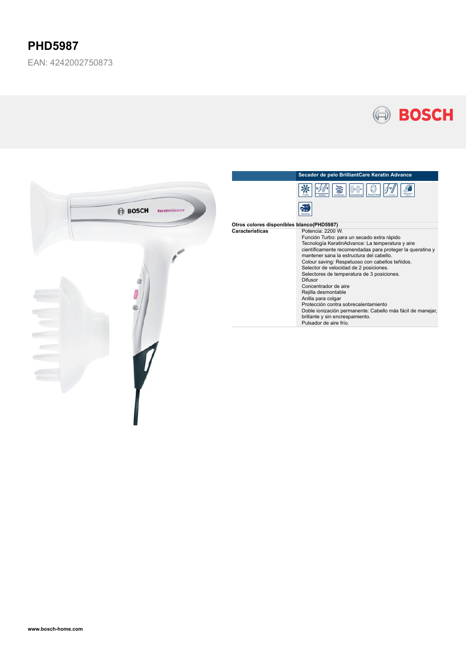 Bosch Secador de pelo BrilliantCare Keratin Advance PHD5987 EAN 4242002750873 User Manual | 2 pages