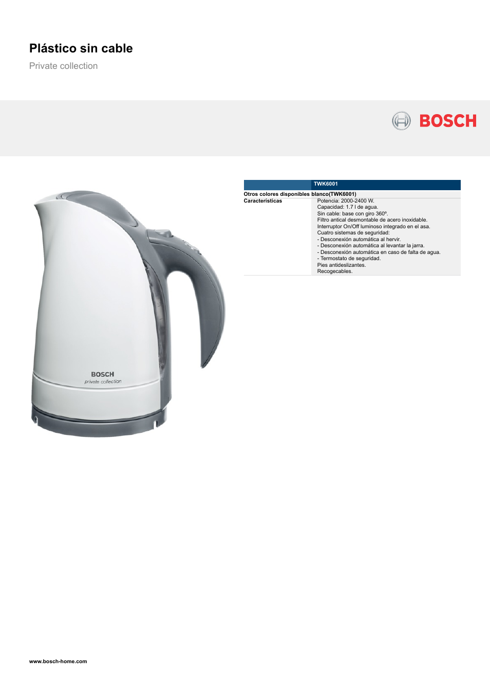 Bosch TWK6001 Plástico sin cable Private collection EAN 4242002370064 User Manual | 2 pages