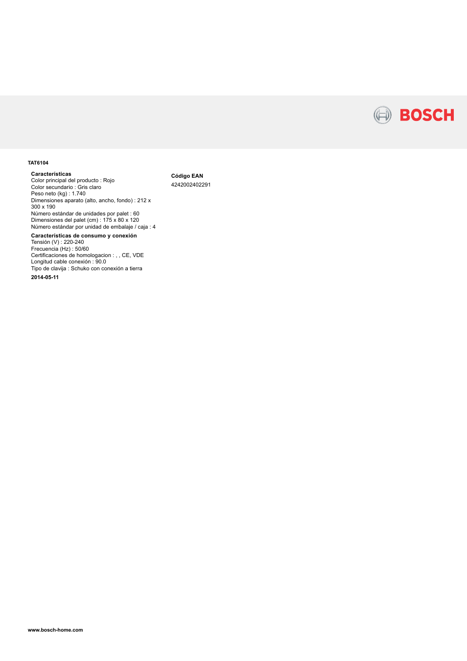 Bosch TAT6104 Tostador Private collection EAN 4242002402291 User Manual | Page 2 / 2