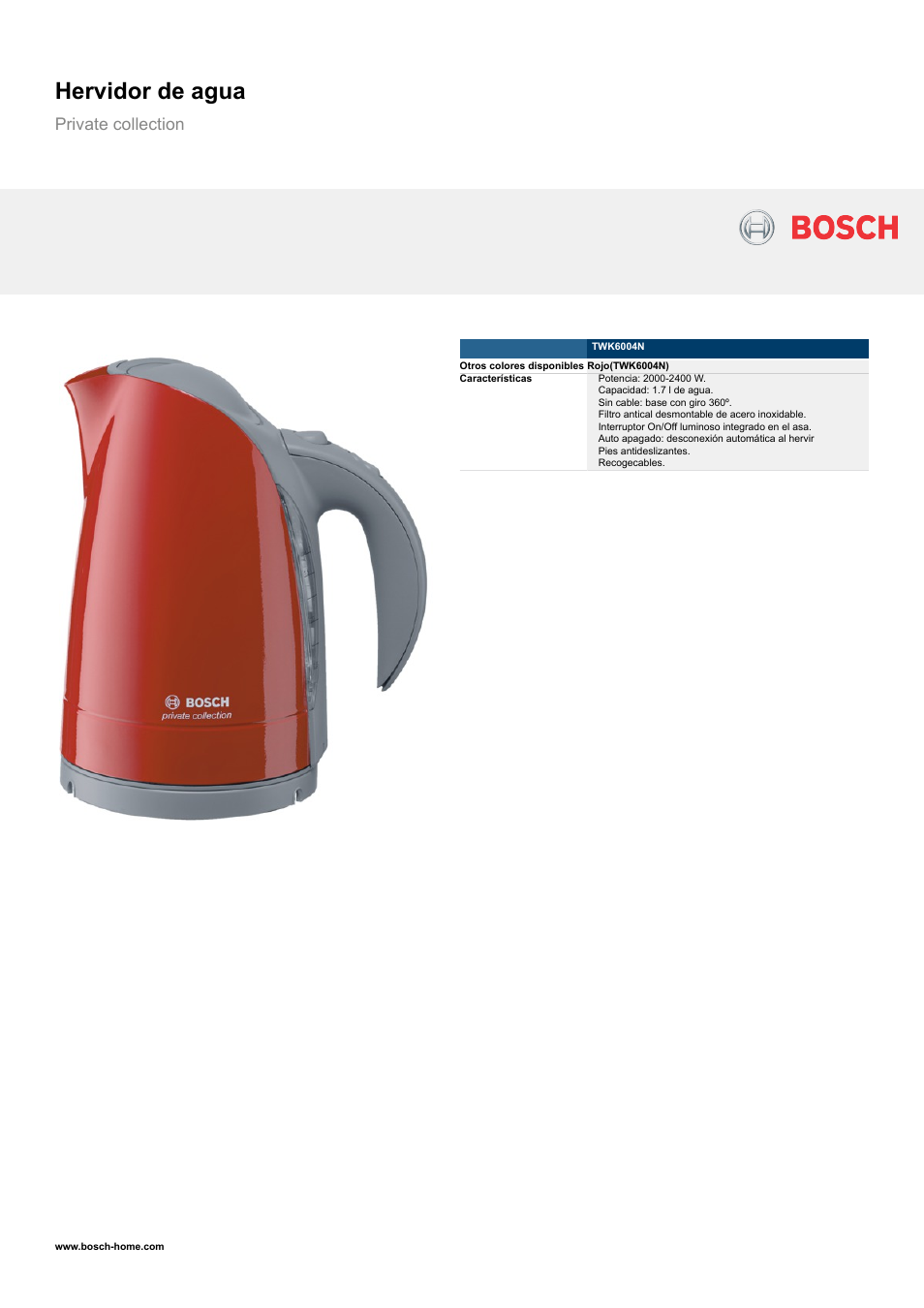 Bosch TWK6004N Hervidor de agua Private collection EAN 4242002496238 User Manual | 2 pages