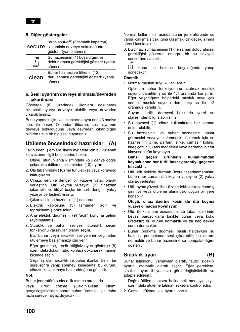 Ütüleme öncesindeki hazırlıklar (a), Sıcaklık ayarı (b) | Bosch TDS4550 Centro de planchado Sensixx B45L Styline EAN 4242002684154 User Manual | Page 100 / 156