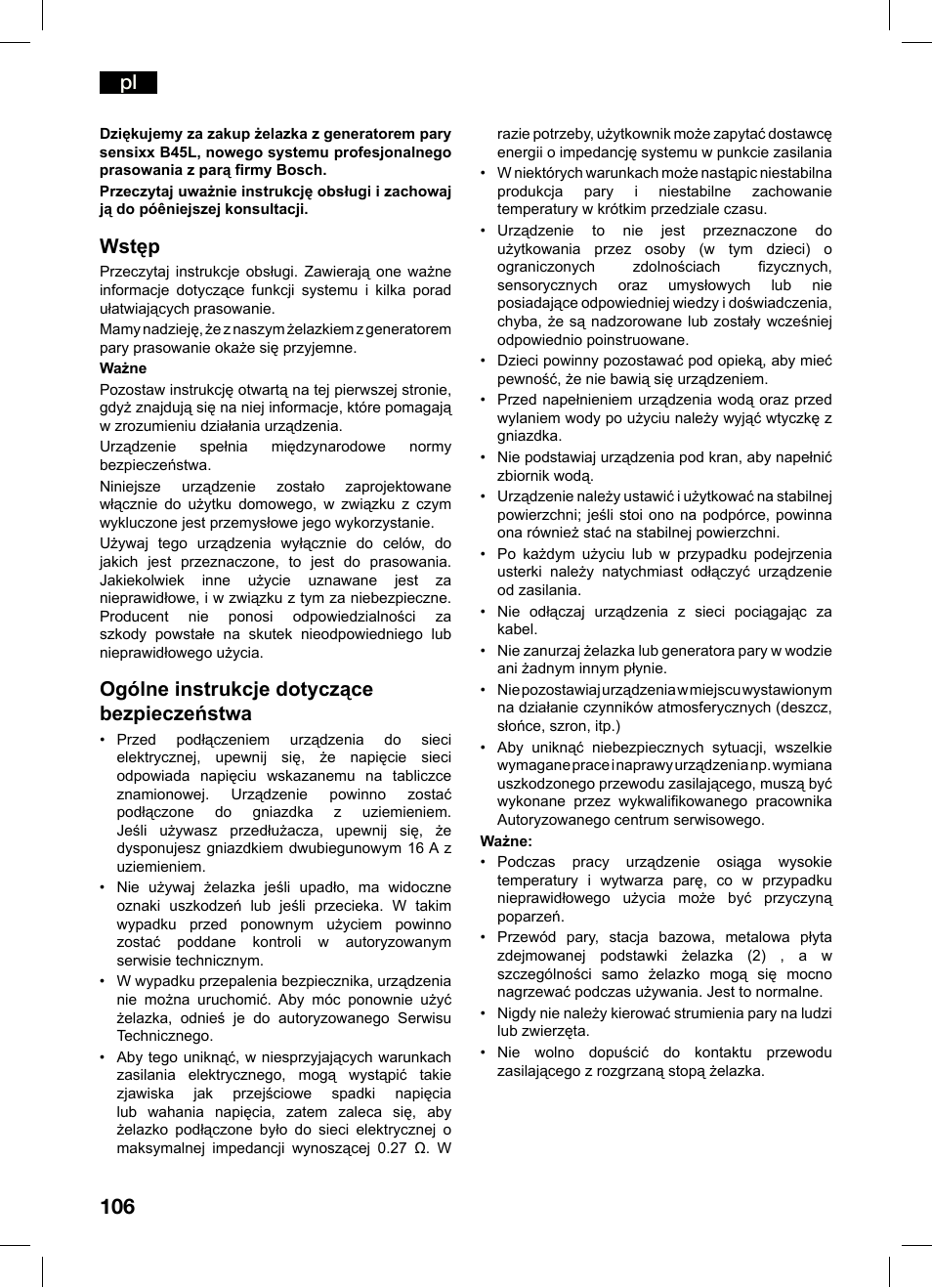 Wstęp, Ogólne instrukcje dotyczące bezpieczeństwa | Bosch TDS4550 Centro de planchado Sensixx B45L Styline EAN 4242002684154 User Manual | Page 106 / 156