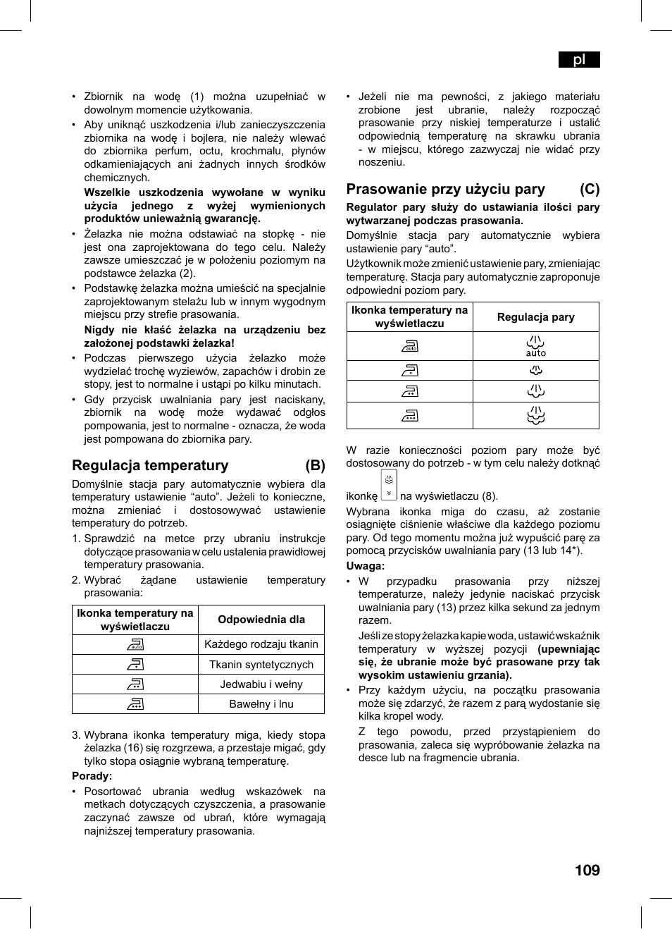 Regulacja temperatury (b), Prasowanie przy użyciu pary (c) | Bosch TDS4550 Centro de planchado Sensixx B45L Styline EAN 4242002684154 User Manual | Page 109 / 156