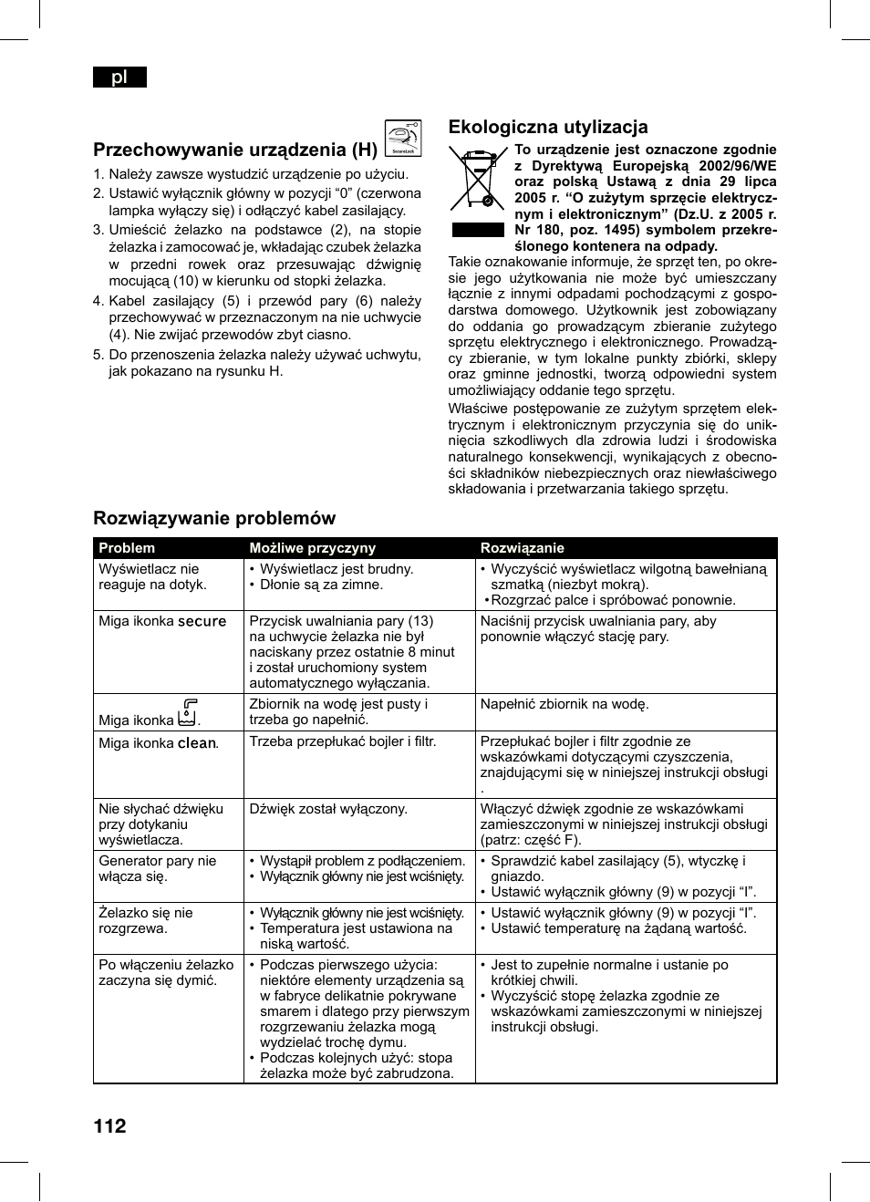 Przechowywanie urządzenia (h), Ekologiczna utylizacja, Rozwiązywanie problemów | Bosch TDS4550 Centro de planchado Sensixx B45L Styline EAN 4242002684154 User Manual | Page 112 / 156