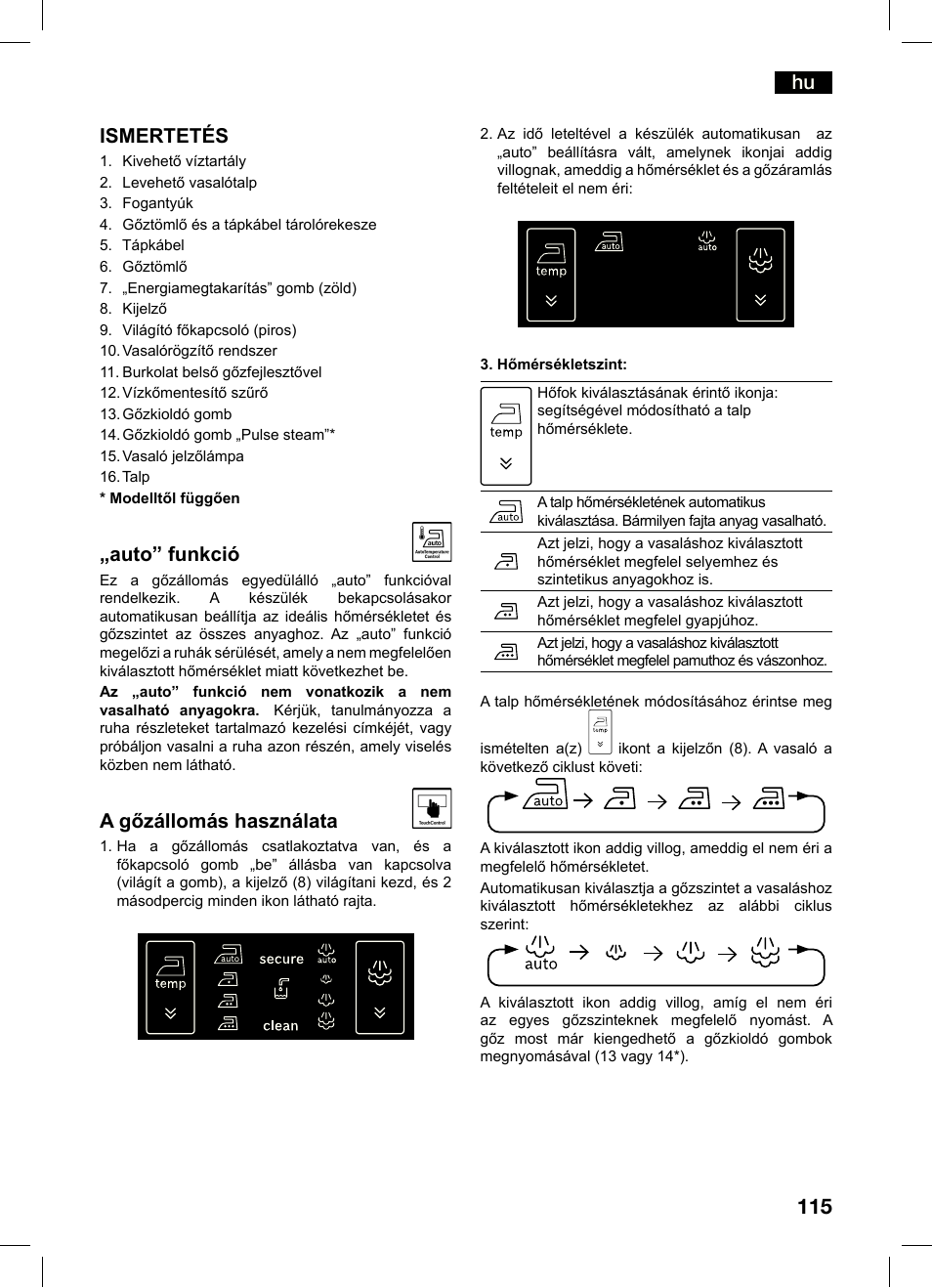 Ismertetés, Auto” funkció, A gőzállomás használata | Bosch TDS4550 Centro de planchado Sensixx B45L Styline EAN 4242002684154 User Manual | Page 115 / 156