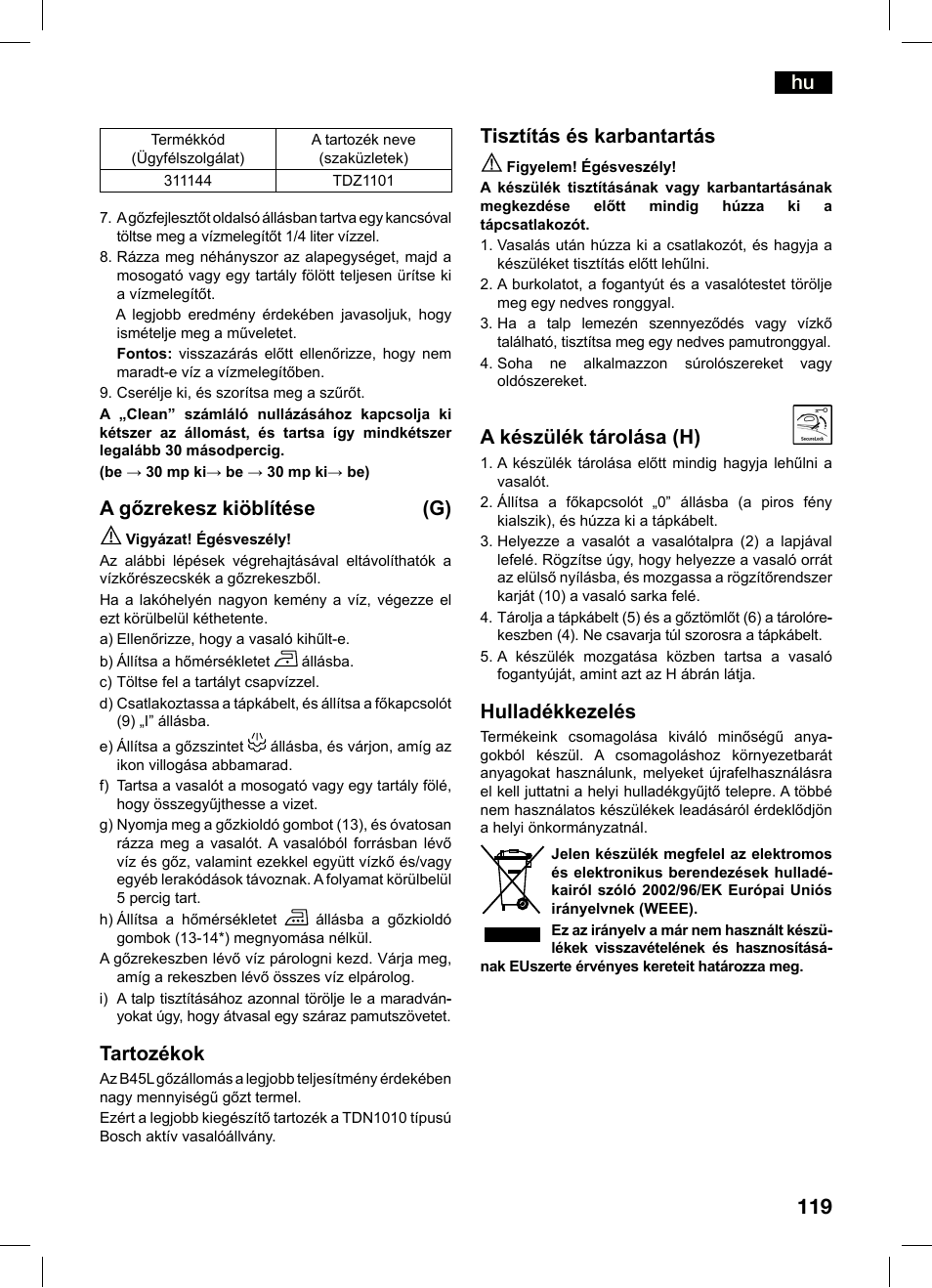 A gőzrekesz kiöblítése (g), Tartozékok, Tisztítás és karbantartás | A készülék tárolása (h), Hulladékkezelés | Bosch TDS4550 Centro de planchado Sensixx B45L Styline EAN 4242002684154 User Manual | Page 119 / 156