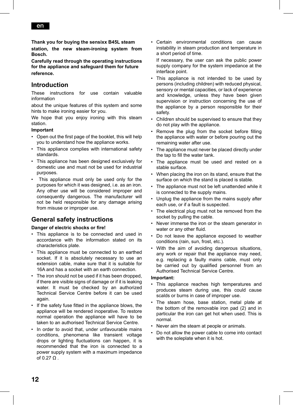 Introduction, General safety instructions | Bosch TDS4550 Centro de planchado Sensixx B45L Styline EAN 4242002684154 User Manual | Page 12 / 156
