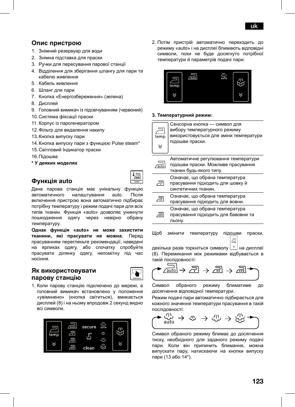 Uk опис пристрою, Функція auto, Як використовувати парову станцію | Bosch TDS4550 Centro de planchado Sensixx B45L Styline EAN 4242002684154 User Manual | Page 123 / 156