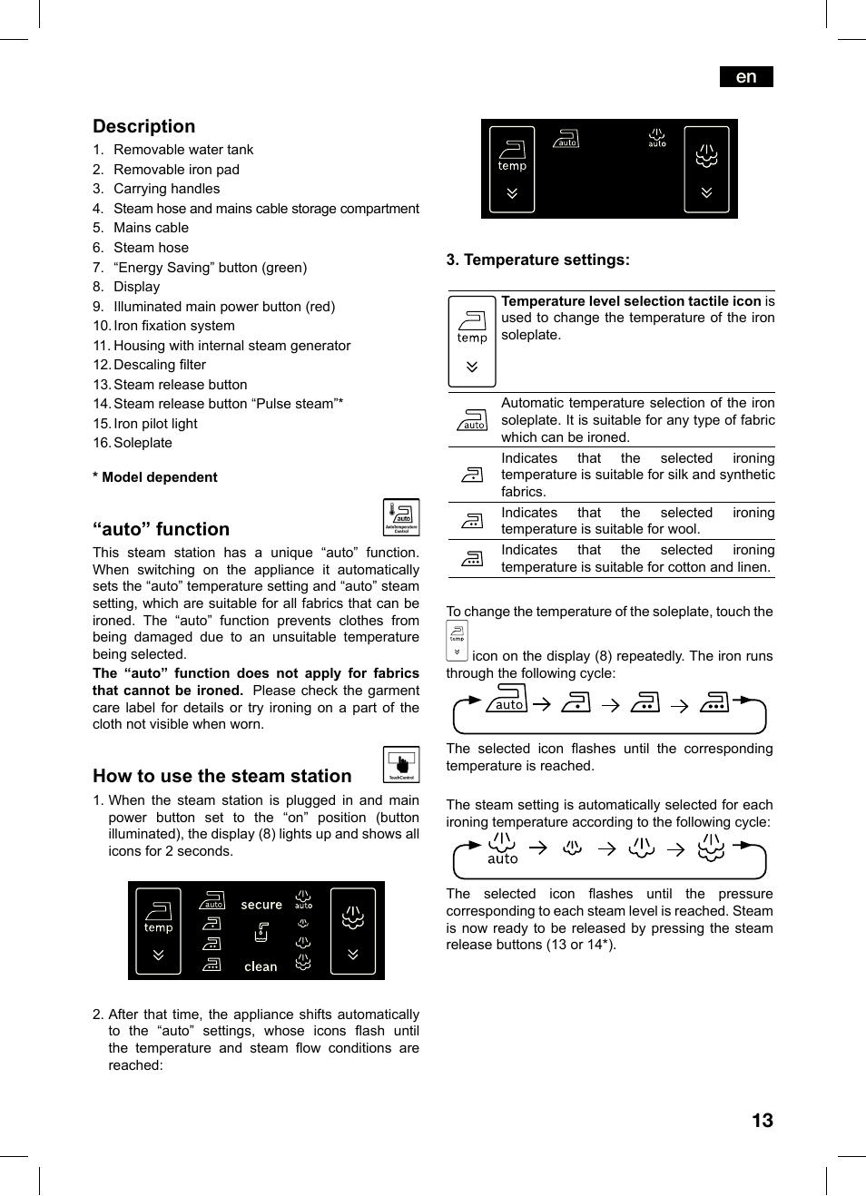 En description, Auto” function, How to use the steam station | Bosch TDS4550 Centro de planchado Sensixx B45L Styline EAN 4242002684154 User Manual | Page 13 / 156