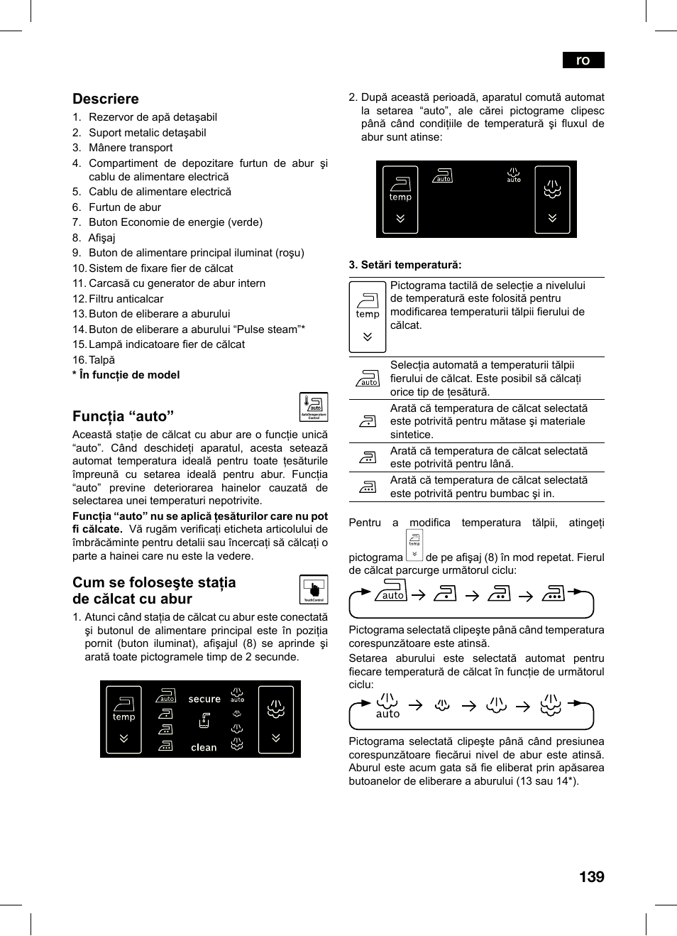 Descriere, Funcţia “auto, Cum se foloseşte staţia de călcat cu abur | Bosch TDS4550 Centro de planchado Sensixx B45L Styline EAN 4242002684154 User Manual | Page 139 / 156