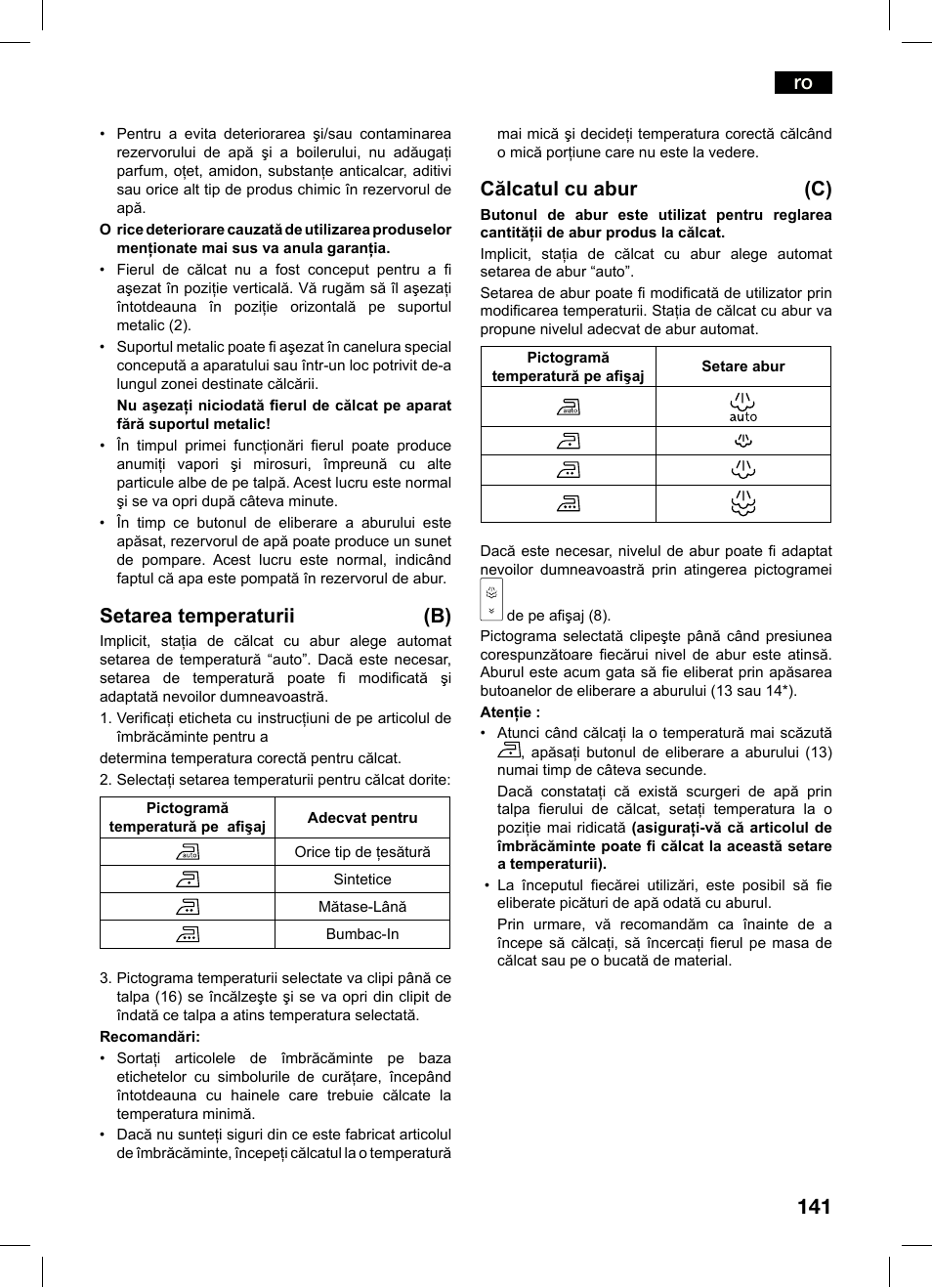 Setarea temperaturii (b), Călcatul cu abur (c) | Bosch TDS4550 Centro de planchado Sensixx B45L Styline EAN 4242002684154 User Manual | Page 141 / 156
