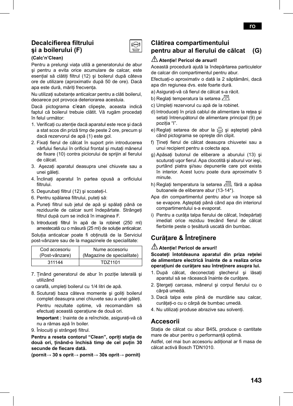 Ro decalciierea iltrului şi a boilerului (f), Curăţare & întreţinere, Accesorii | Bosch TDS4550 Centro de planchado Sensixx B45L Styline EAN 4242002684154 User Manual | Page 143 / 156