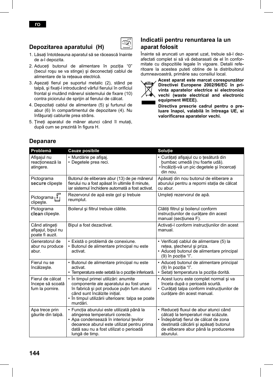 Ro depozitarea aparatului (h), Indicatii pentru renuntarea la un aparat folosit, Depanare | Bosch TDS4550 Centro de planchado Sensixx B45L Styline EAN 4242002684154 User Manual | Page 144 / 156