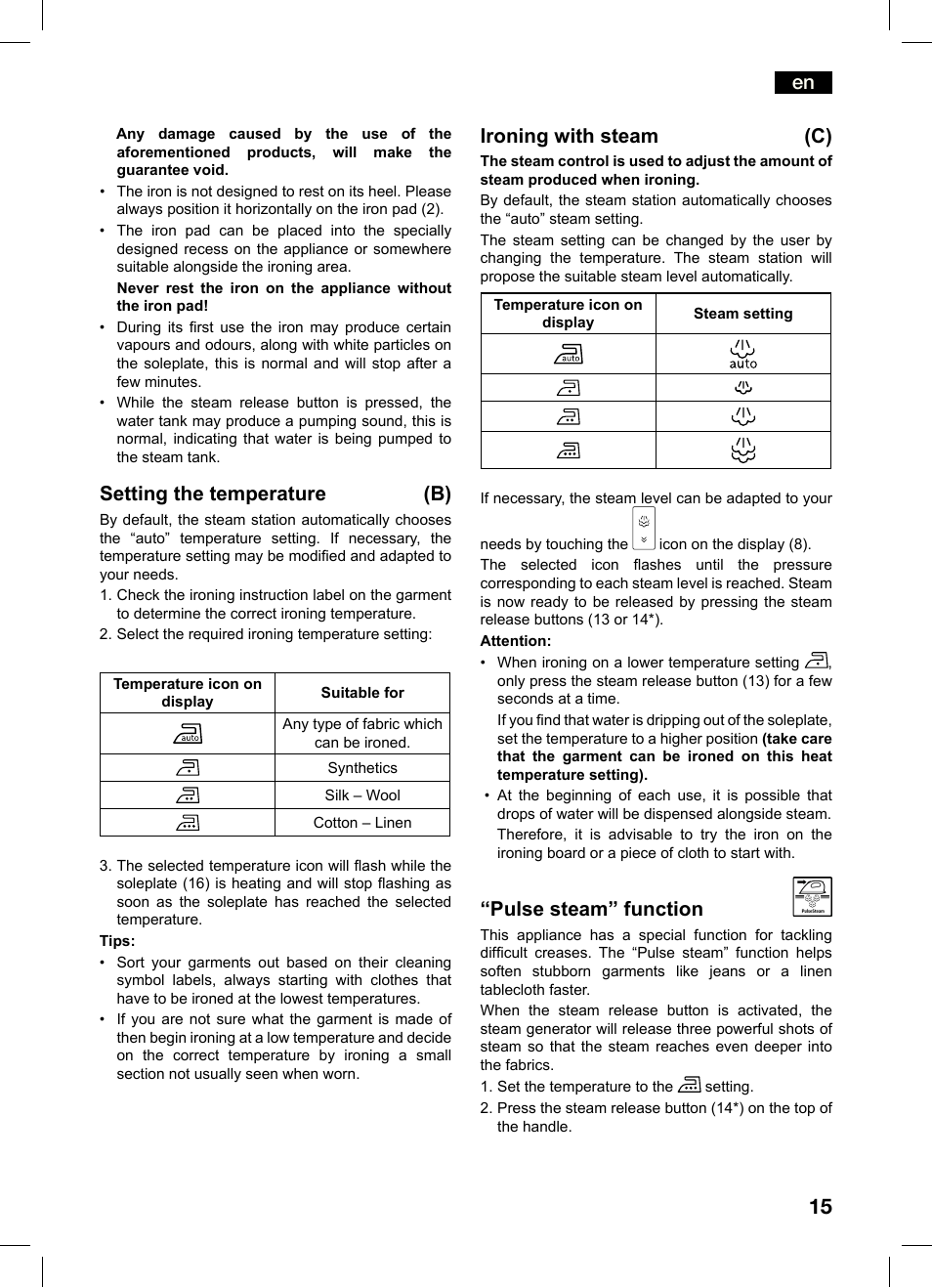 Setting the temperature (b), Ironing with steam (c), Pulse steam” function | Bosch TDS4550 Centro de planchado Sensixx B45L Styline EAN 4242002684154 User Manual | Page 15 / 156