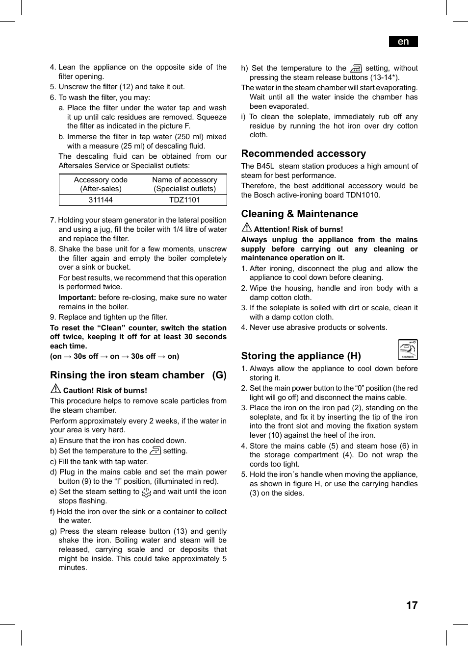 Rinsing the iron steam chamber (g), Recommended accessory, Cleaning & maintenance | Storing the appliance (h) | Bosch TDS4550 Centro de planchado Sensixx B45L Styline EAN 4242002684154 User Manual | Page 17 / 156