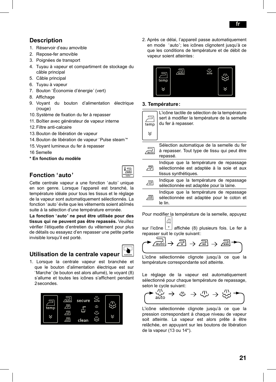 Description, Fonction ‘ auto, Utilisation de la centrale vapeur | Bosch TDS4550 Centro de planchado Sensixx B45L Styline EAN 4242002684154 User Manual | Page 21 / 156