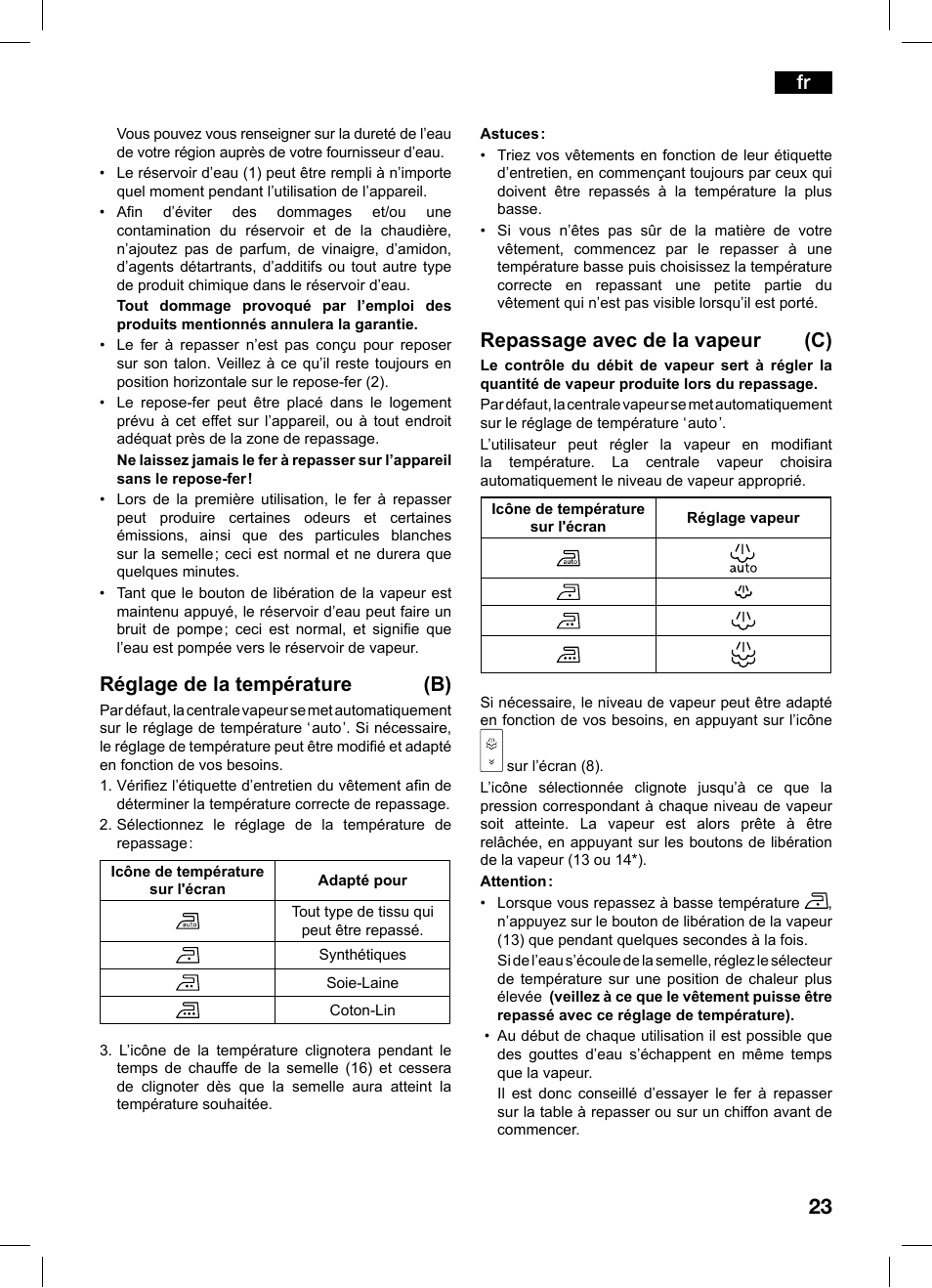 Réglage de la température (b), Repassage avec de la vapeur (c) | Bosch TDS4550 Centro de planchado Sensixx B45L Styline EAN 4242002684154 User Manual | Page 23 / 156