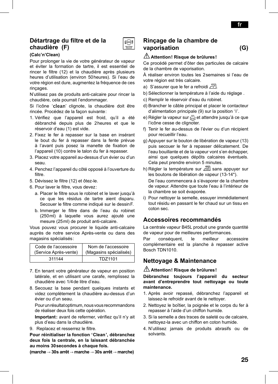 Fr détartrage du iltre et de la chaudière (f), Rinçage de la chambre de vaporisation (g), Accessoires recommandés | Nettoyage & maintenance | Bosch TDS4550 Centro de planchado Sensixx B45L Styline EAN 4242002684154 User Manual | Page 25 / 156