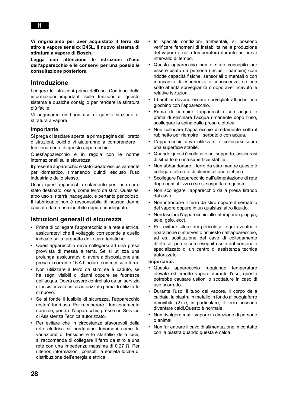 Introduzione, Istruzioni generali di sicurezza | Bosch TDS4550 Centro de planchado Sensixx B45L Styline EAN 4242002684154 User Manual | Page 28 / 156