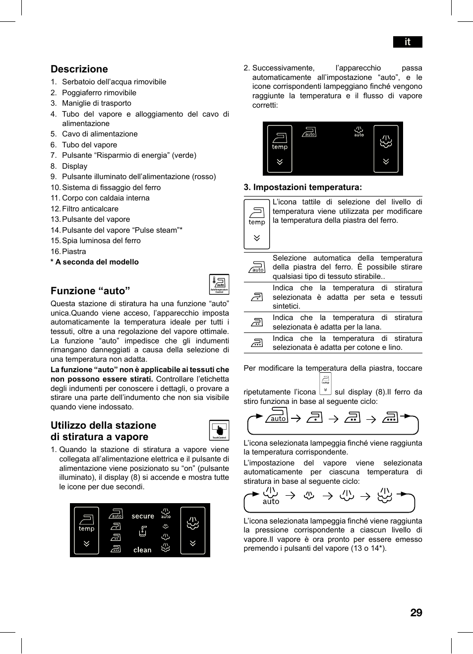 It descrizione, Funzione “auto, Utilizzo della stazione di stiratura a vapore | Bosch TDS4550 Centro de planchado Sensixx B45L Styline EAN 4242002684154 User Manual | Page 29 / 156