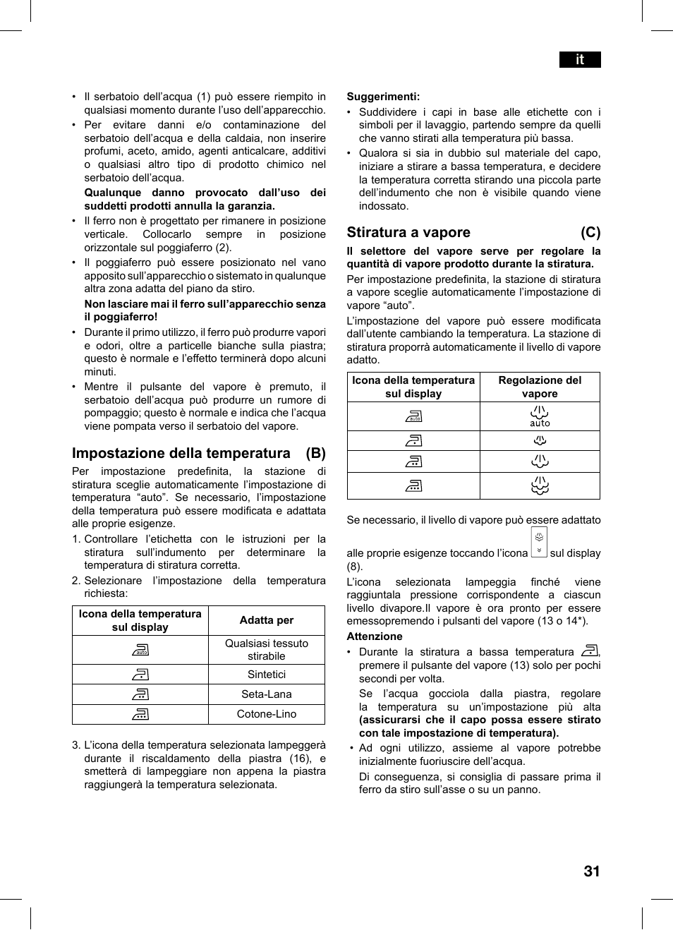 Impostazione della temperatura (b), Stiratura a vapore (c) | Bosch TDS4550 Centro de planchado Sensixx B45L Styline EAN 4242002684154 User Manual | Page 31 / 156