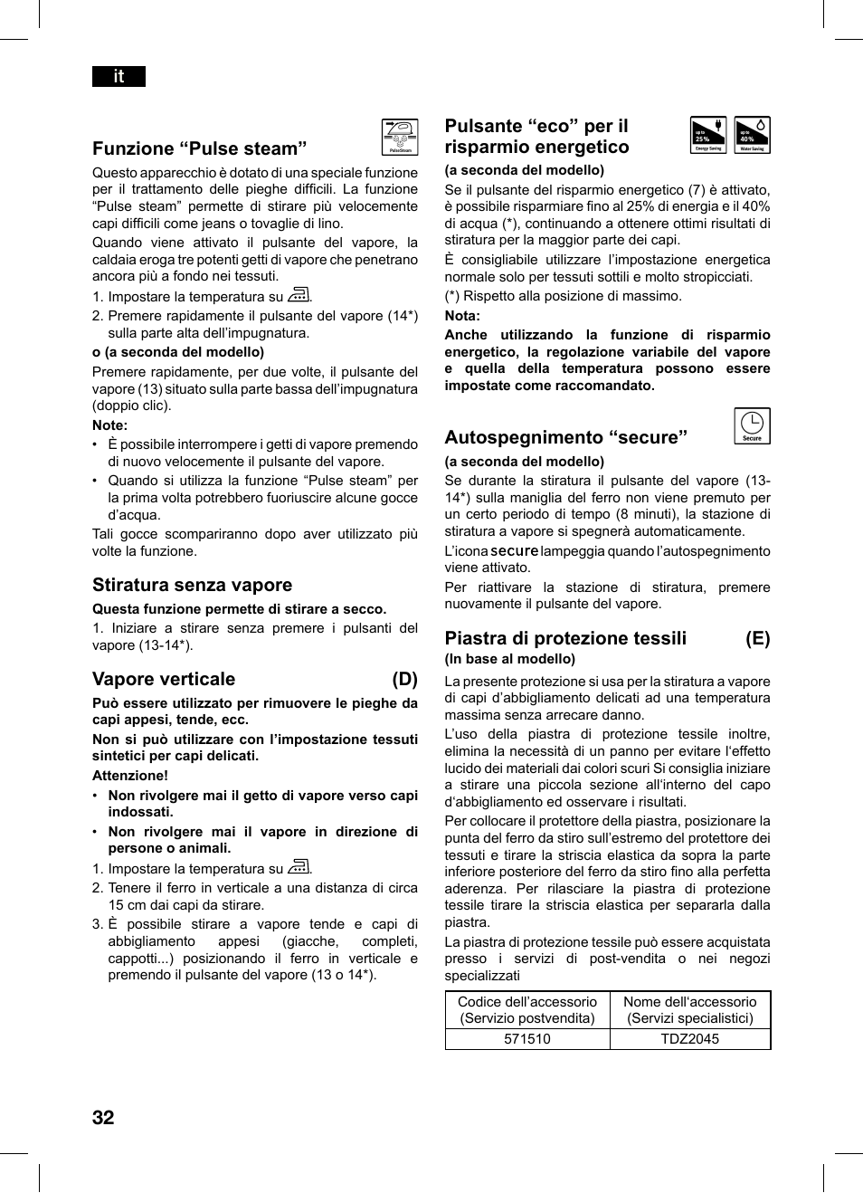 It funzione “pulse steam, Stiratura senza vapore, Vapore verticale (d) | Pulsante “eco” per il risparmio energetico, Autospegnimento “secure, Piastra di protezione tessili (e) | Bosch TDS4550 Centro de planchado Sensixx B45L Styline EAN 4242002684154 User Manual | Page 32 / 156