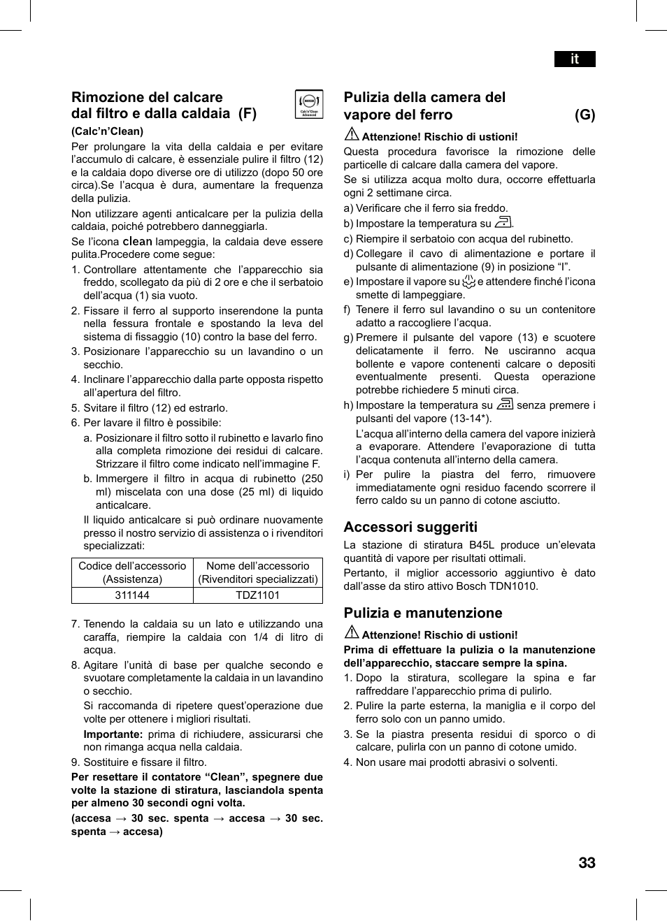 Pulizia della camera del vapore del ferro (g), Accessori suggeriti, Pulizia e manutenzione | Bosch TDS4550 Centro de planchado Sensixx B45L Styline EAN 4242002684154 User Manual | Page 33 / 156