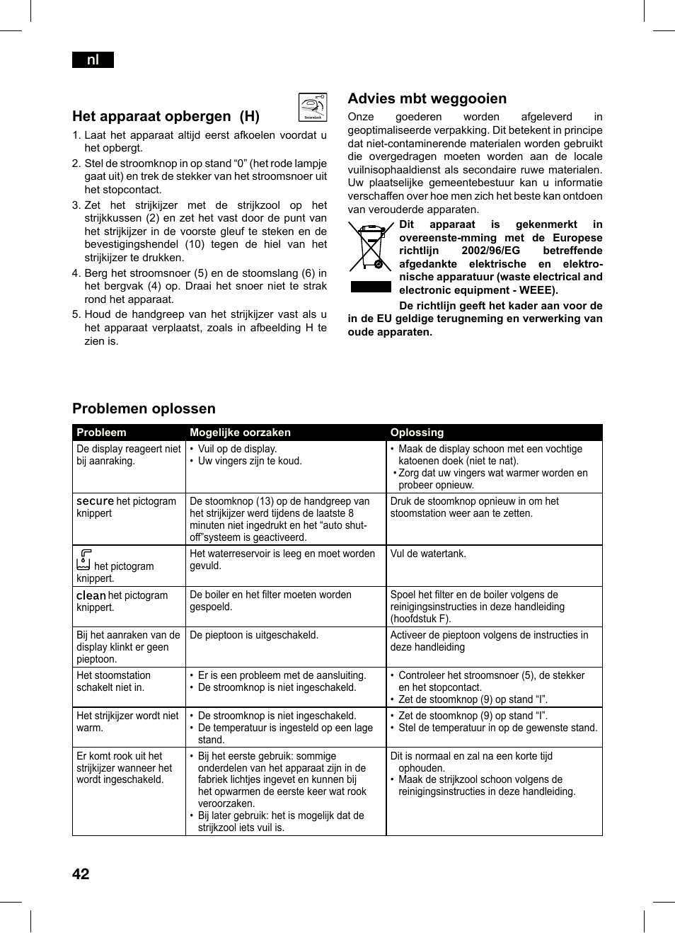 Nl problemen oplossen, Het apparaat opbergen (h), Advies mbt weggooien | Bosch TDS4550 Centro de planchado Sensixx B45L Styline EAN 4242002684154 User Manual | Page 42 / 156