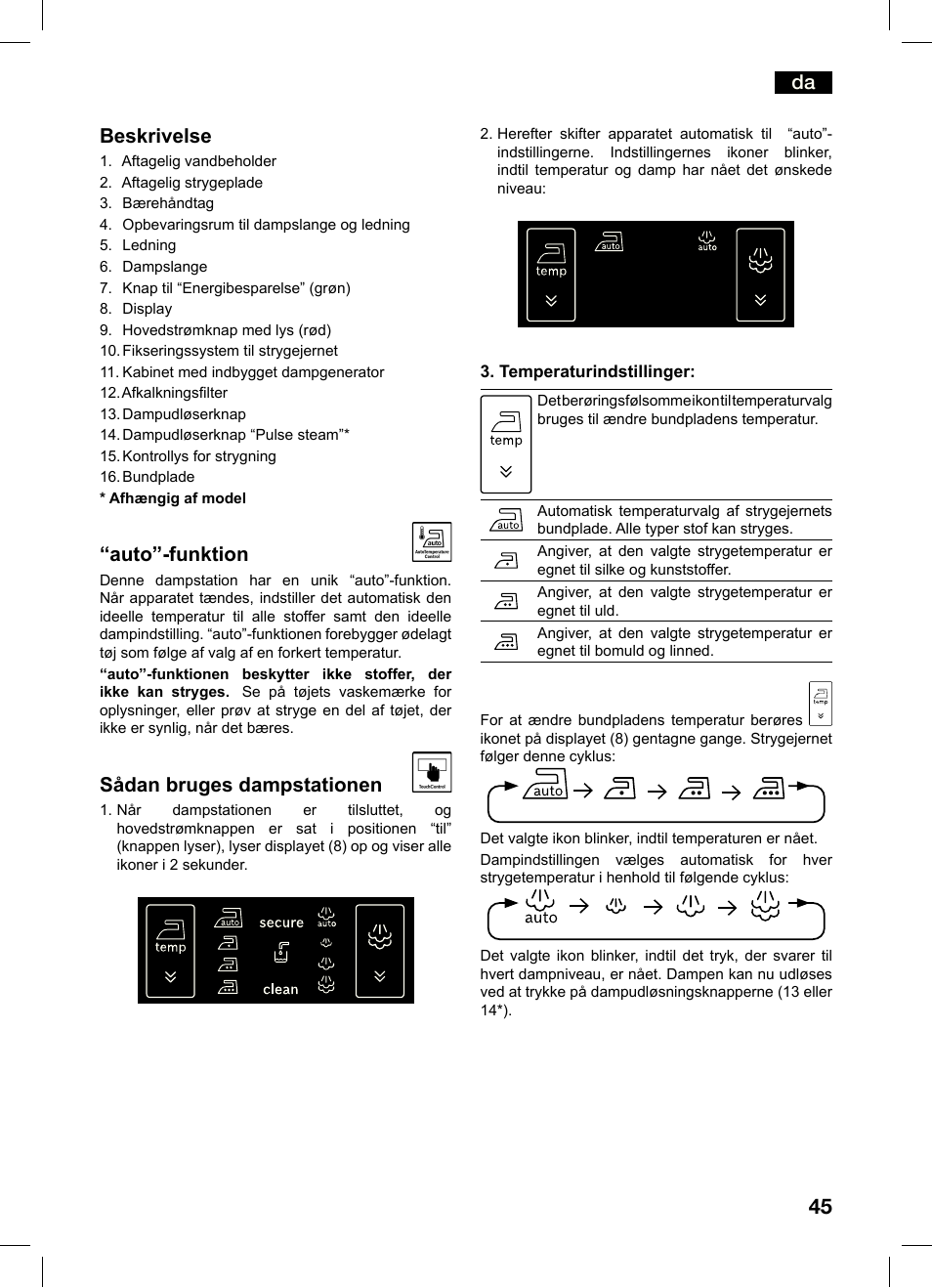 Da beskrivelse, Auto”-funktion, Sådan bruges dampstationen | Bosch TDS4550 Centro de planchado Sensixx B45L Styline EAN 4242002684154 User Manual | Page 45 / 156