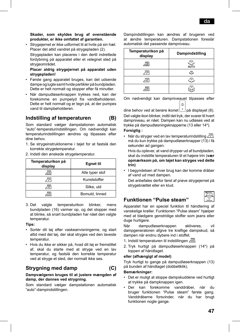 Indstilling af temperaturen (b), Strygning med damp (c), Funktionen “pulse steam | Bosch TDS4550 Centro de planchado Sensixx B45L Styline EAN 4242002684154 User Manual | Page 47 / 156