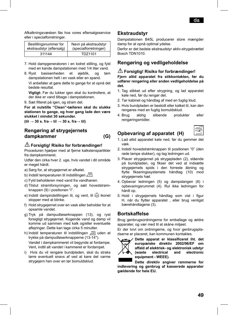 Rengøring af strygejernets dampkammer (g), Ekstraudstyr, Rengøring og vedligeholdelse | Opbevaring af apparatet (h), Bortskaffelse | Bosch TDS4550 Centro de planchado Sensixx B45L Styline EAN 4242002684154 User Manual | Page 49 / 156