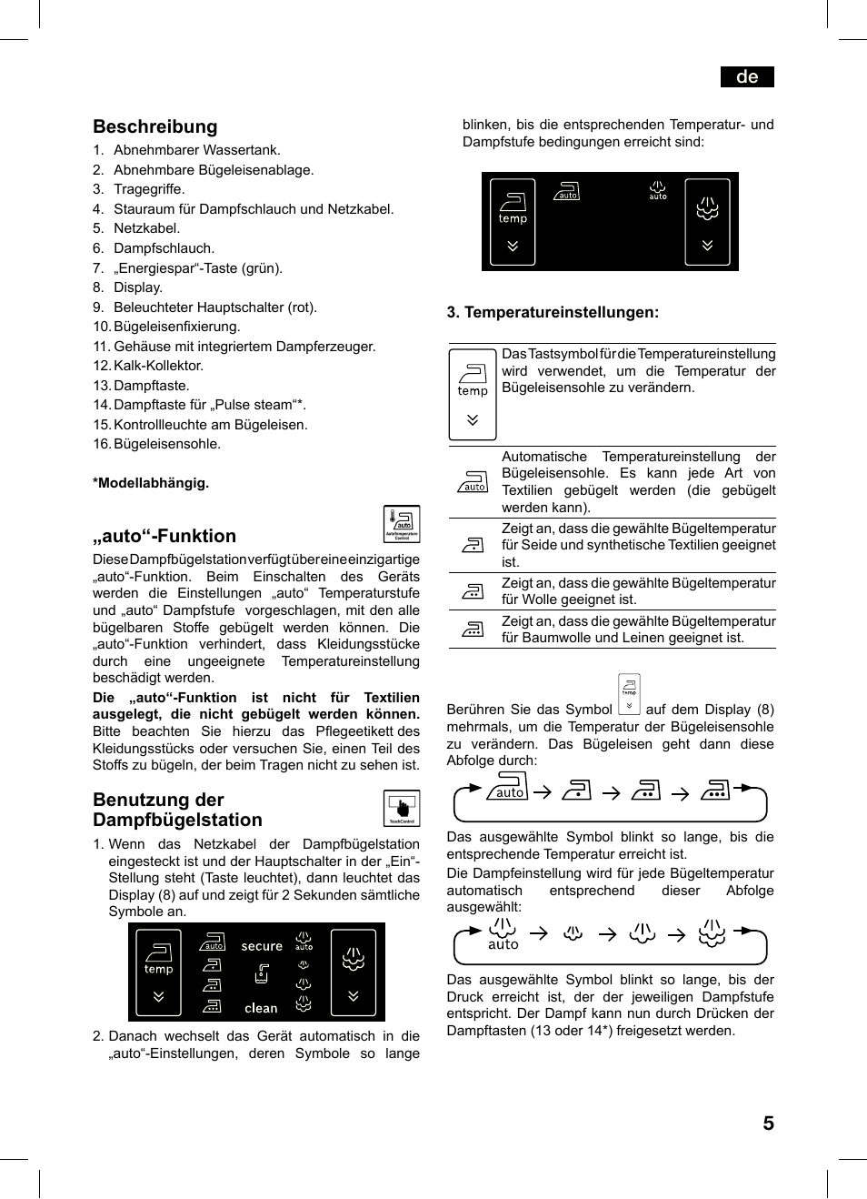 De beschreibung, Auto“-funktion, Benutzung der dampfbügelstation | Bosch TDS4550 Centro de planchado Sensixx B45L Styline EAN 4242002684154 User Manual | Page 5 / 156