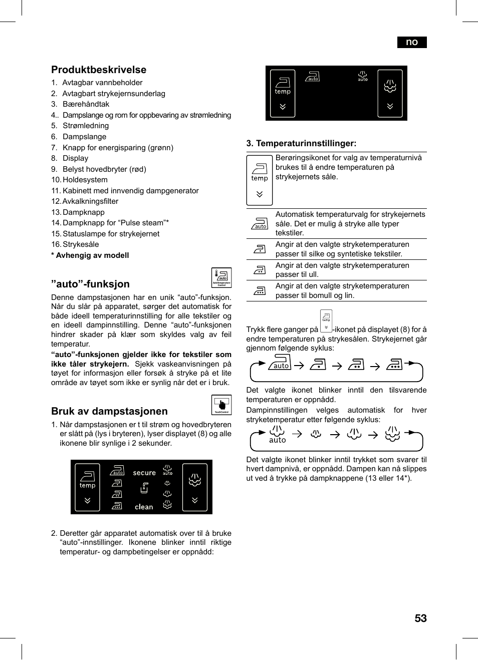 No produktbeskrivelse, Auto”-funksjon, Bruk av dampstasjonen | Bosch TDS4550 Centro de planchado Sensixx B45L Styline EAN 4242002684154 User Manual | Page 53 / 156