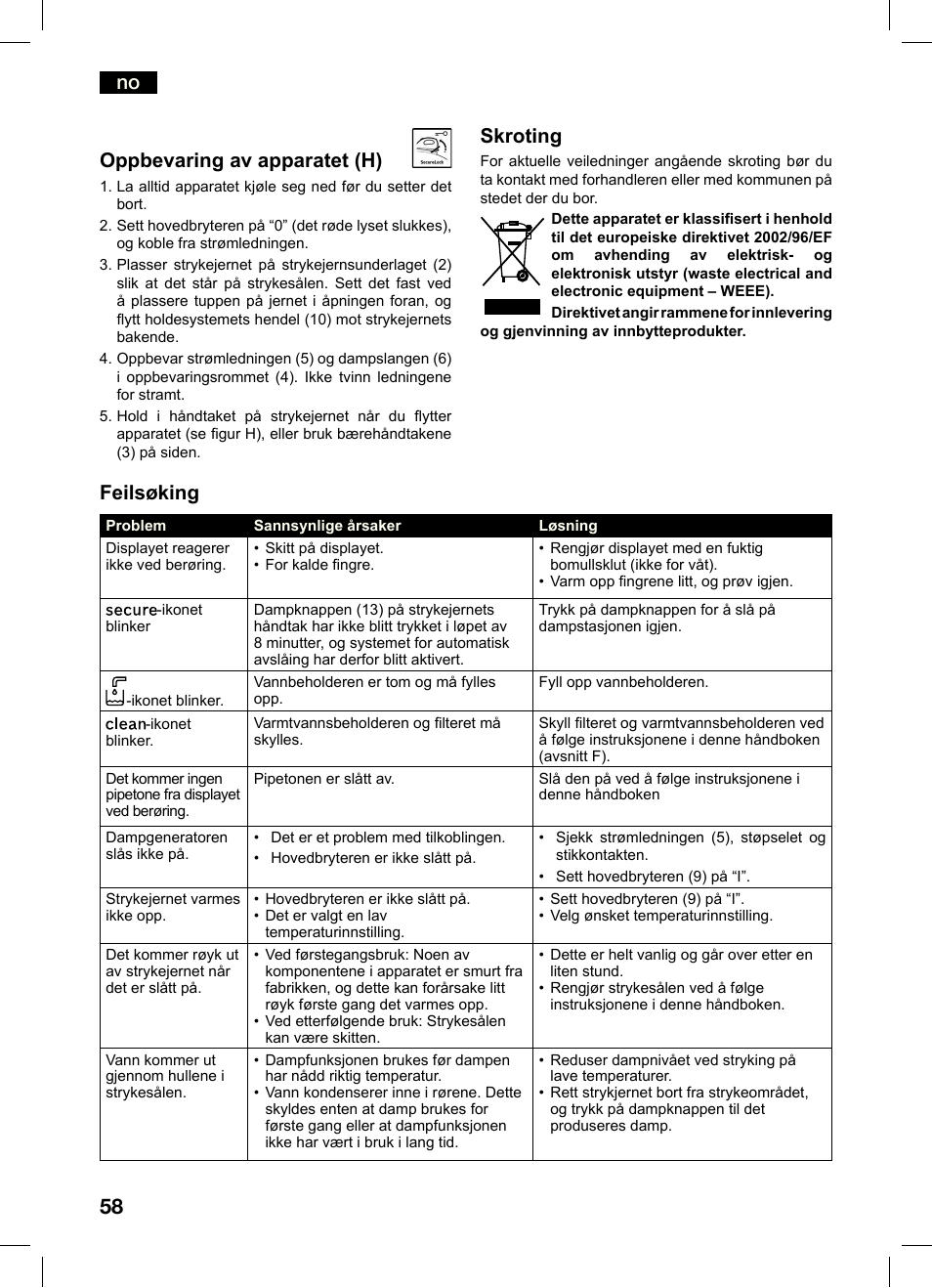 No feilsøking, Oppbevaring av apparatet (h), Skroting | Bosch TDS4550 Centro de planchado Sensixx B45L Styline EAN 4242002684154 User Manual | Page 58 / 156