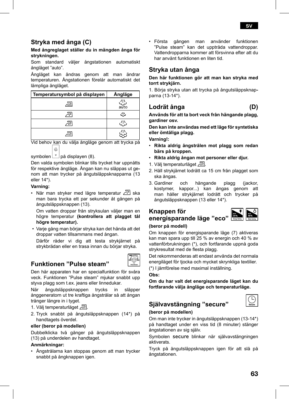 Sv stryka med ånga (c), Funktionen ”pulse steam, Stryka utan ånga | Lodrät ånga (d), Knappen för energisparande läge ”eco, Självavstängning ”secure | Bosch TDS4550 Centro de planchado Sensixx B45L Styline EAN 4242002684154 User Manual | Page 63 / 156