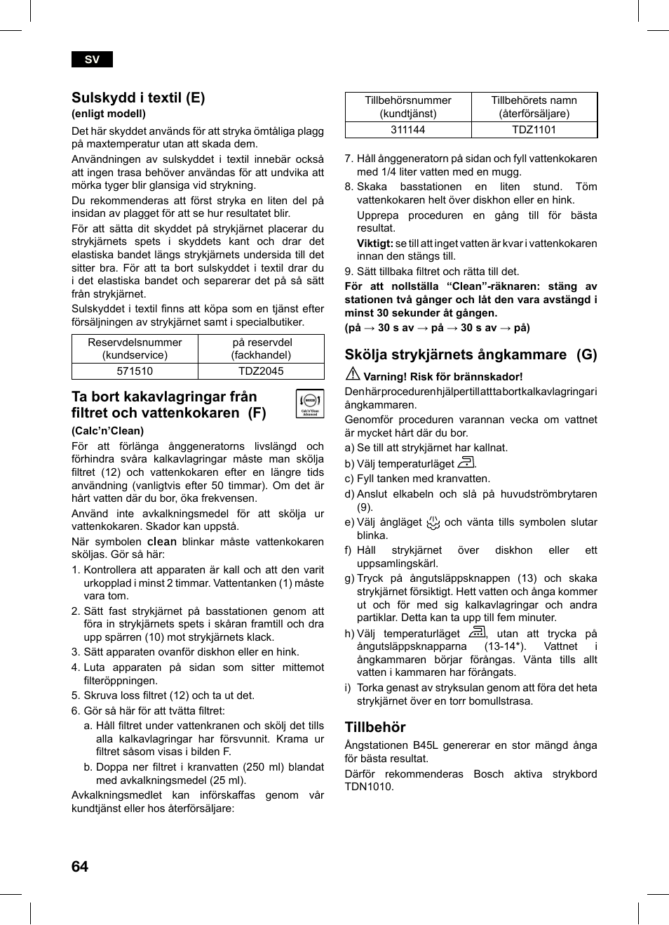 Sulskydd i textil (e), Skölja strykjärnets ångkammare (g), Tillbehör | Bosch TDS4550 Centro de planchado Sensixx B45L Styline EAN 4242002684154 User Manual | Page 64 / 156