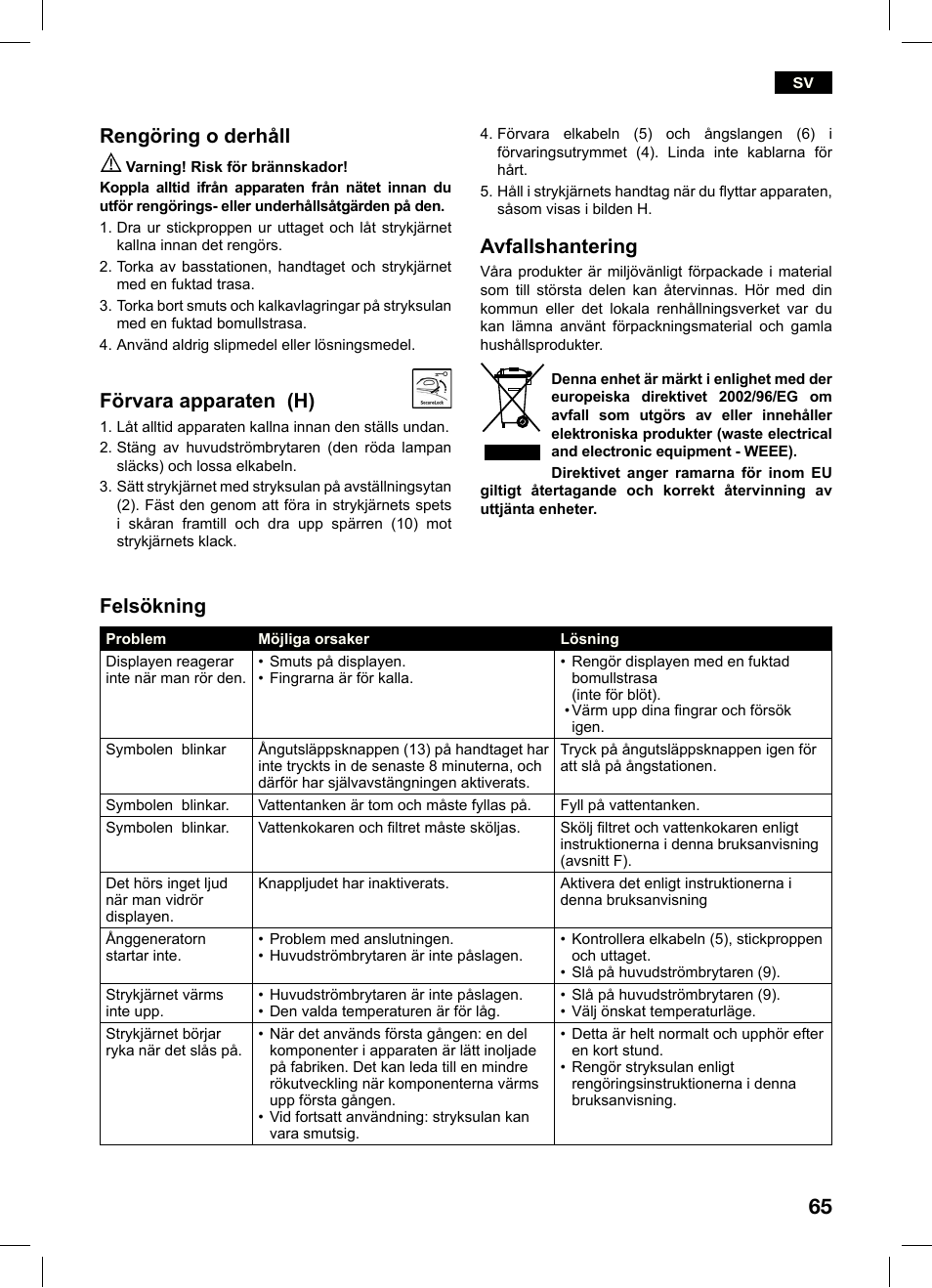 Sv rengöring o derhåll, Förvara apparaten (h), Avfallshantering | Felsökning | Bosch TDS4550 Centro de planchado Sensixx B45L Styline EAN 4242002684154 User Manual | Page 65 / 156