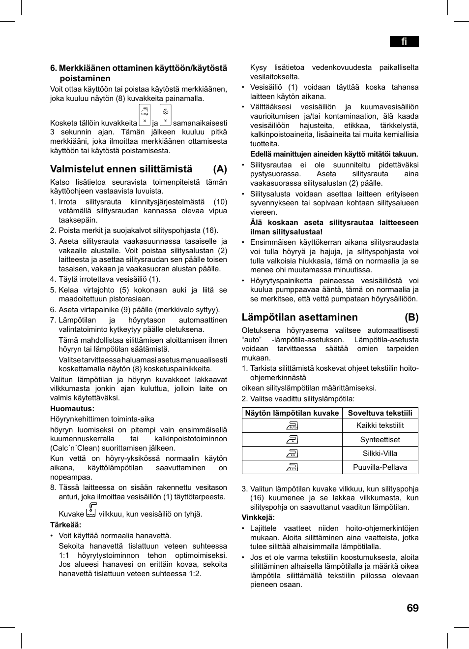 Valmistelut ennen silittämistä (a), Lämpötilan asettaminen (b) | Bosch TDS4550 Centro de planchado Sensixx B45L Styline EAN 4242002684154 User Manual | Page 69 / 156