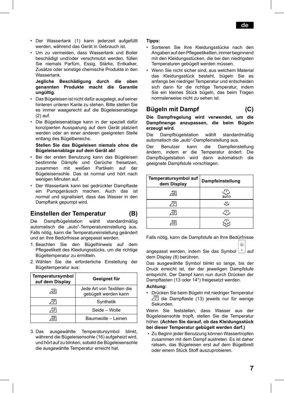 Einstellen der temperatur (b), Bügeln mit dampf (c) | Bosch TDS4550 Centro de planchado Sensixx B45L Styline EAN 4242002684154 User Manual | Page 7 / 156