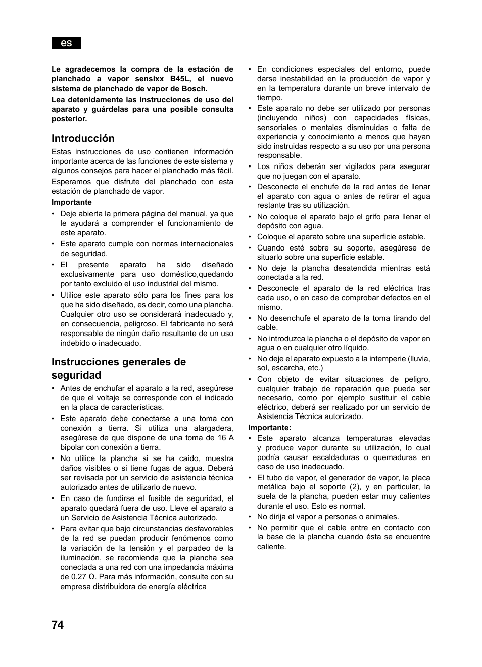 Introducción, Instrucciones generales de seguridad | Bosch TDS4550 Centro de planchado Sensixx B45L Styline EAN 4242002684154 User Manual | Page 74 / 156